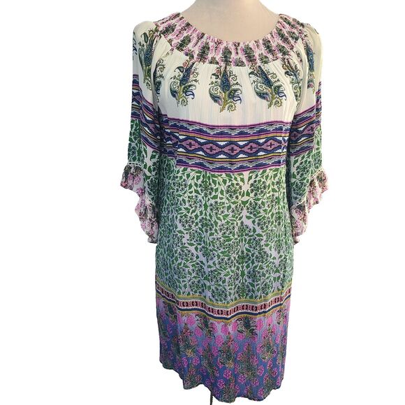 Millenium Boho Chic Mixed Print Dress Tunic Sz S Bell Sleeve Peasant Festival - Picture 2 of 7